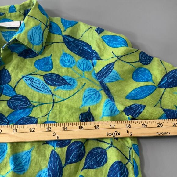 Parisian Works Womens Button Up Blouse Size Petite Medium Green Blue 100% Linen - Picture 9 of 12